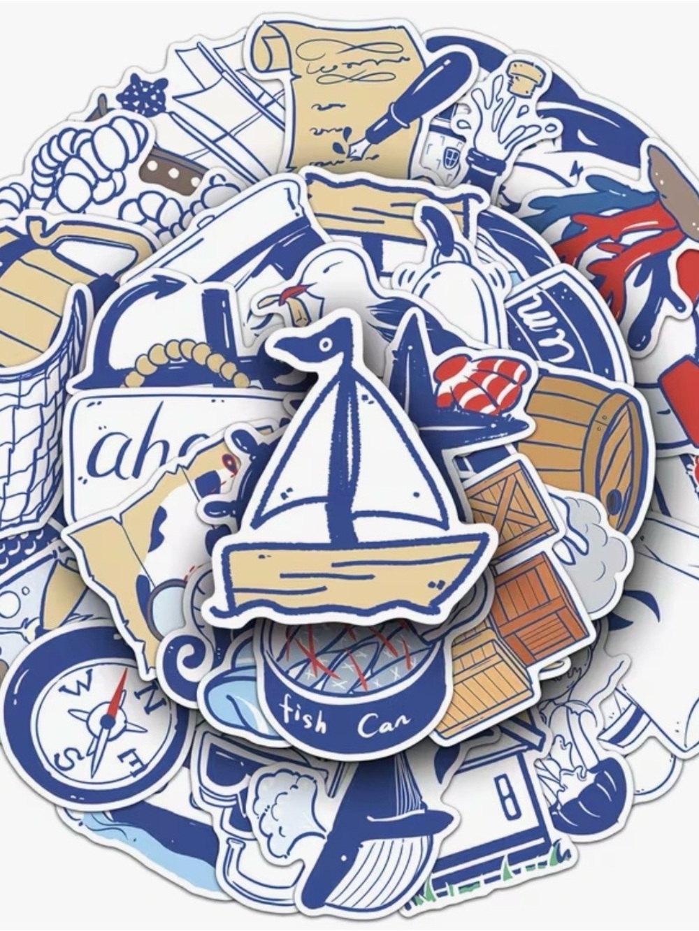 50 Blue White Nautical Stickers Anchor Ship Sailor Fish Lighthouse Rope Shell - Picture 7 of 16